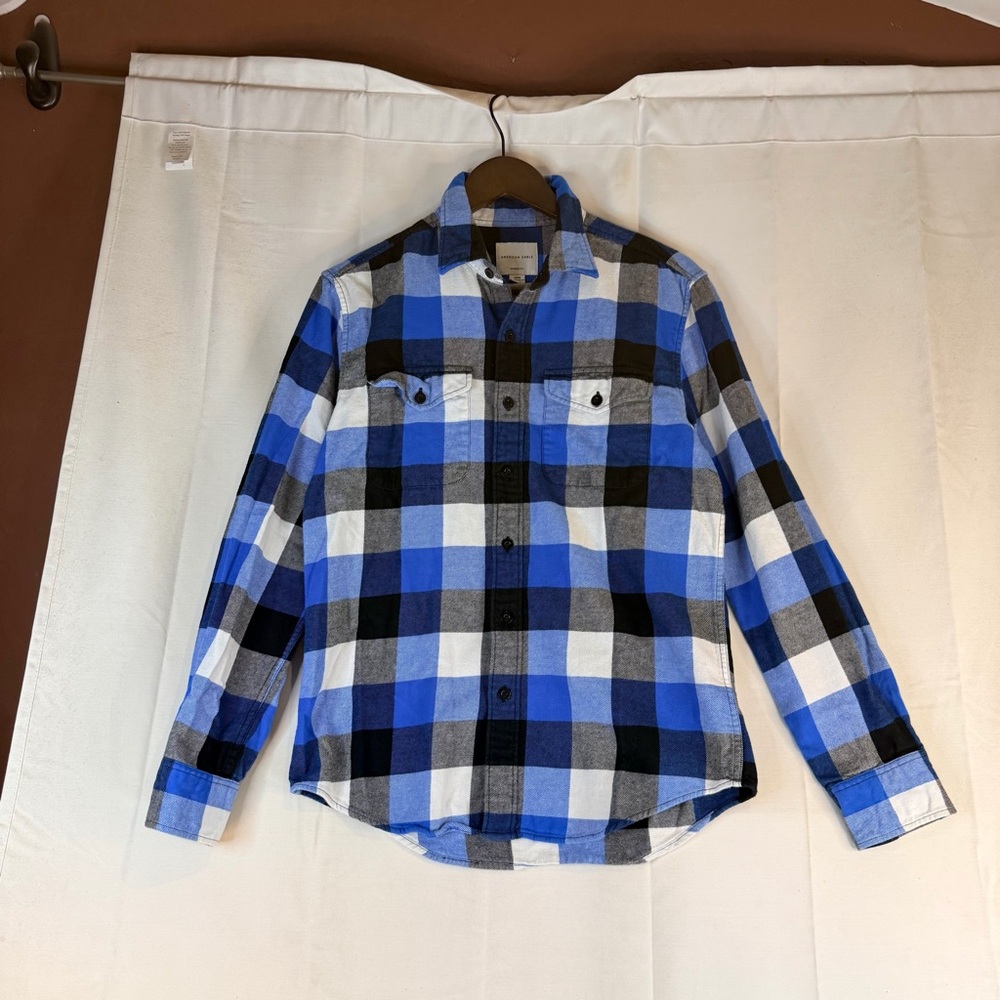 AMERICAN EAGLE Men’s Size S Shirt Button Down Blue Buffalo Plaid Flannel Classic - Picture 2 of 16